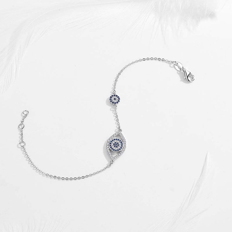 Kaletine Blue Evil Eyes Link Bracelet Sterling Silver 925 Cubic Zirconia Chain Adjustable 6.7" 7" 7.5"(Rhodium) - Image 5
